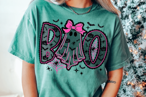 Boo Lace Ghost DTF Transfer – 11" Halloween Print with Pink Bow