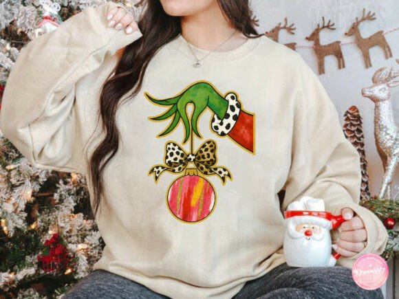 Christmas Grinch Hand with Ornament DTF Transfer – 11" Holiday Print