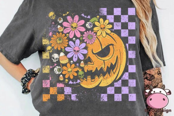 Floral Pumpkin DTF Transfer – 11" Halloween Print with Checkerboard
