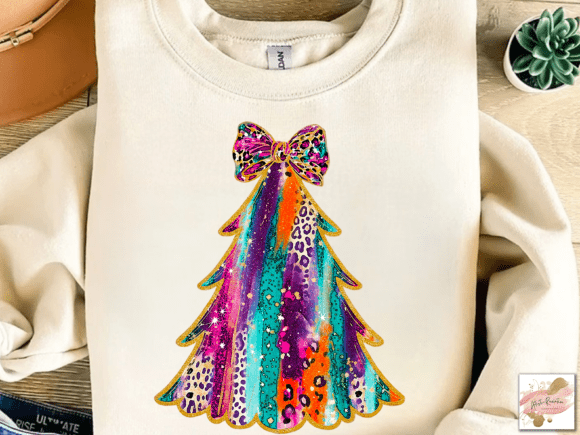 Faux Glitter Rainbow Leopard Christmas Tree DTF Transfer – 11" Holiday Print