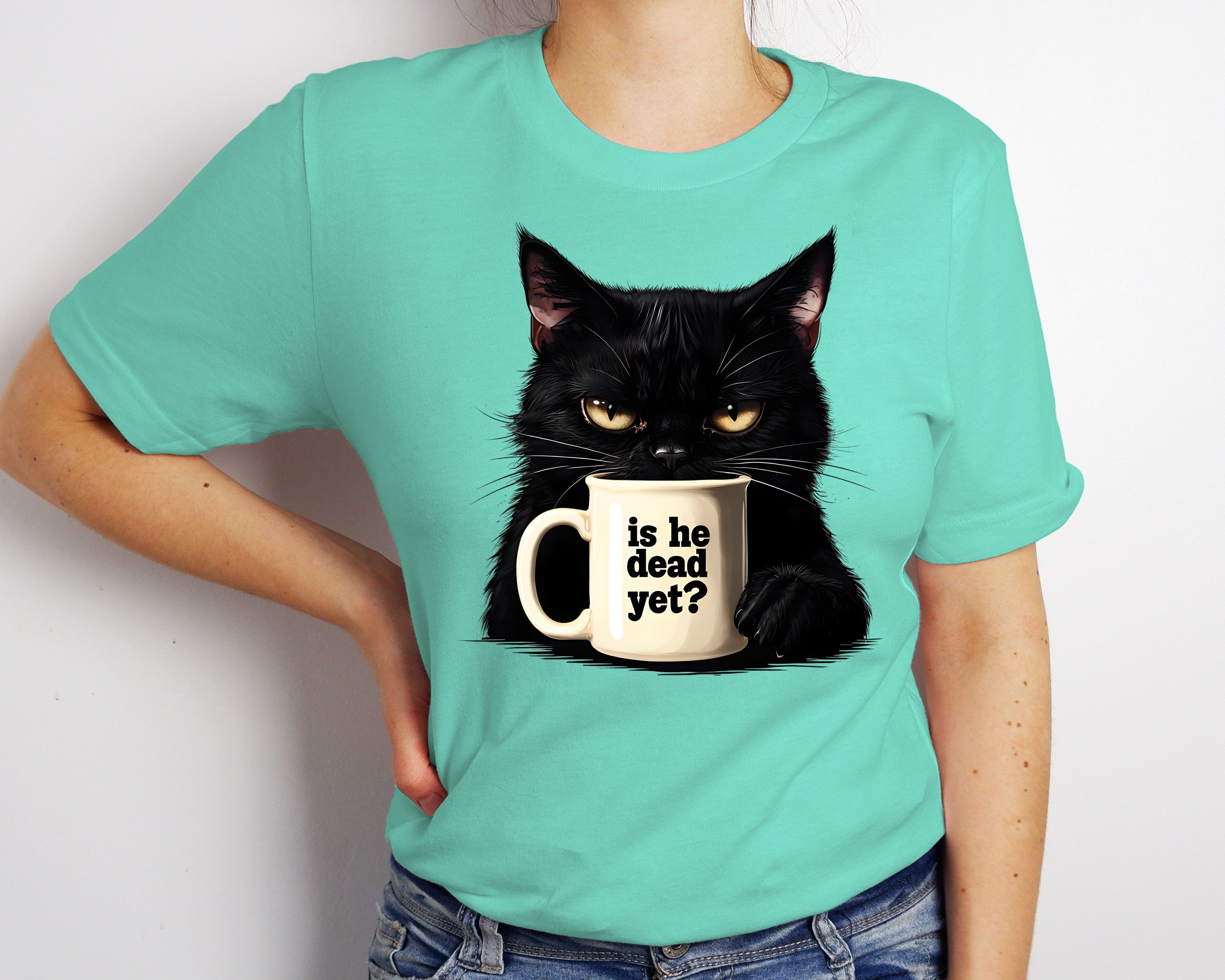 Grumpy Black Cat Coffee DTF Transfer | “Is He Dead Yet?” | 11" Wide