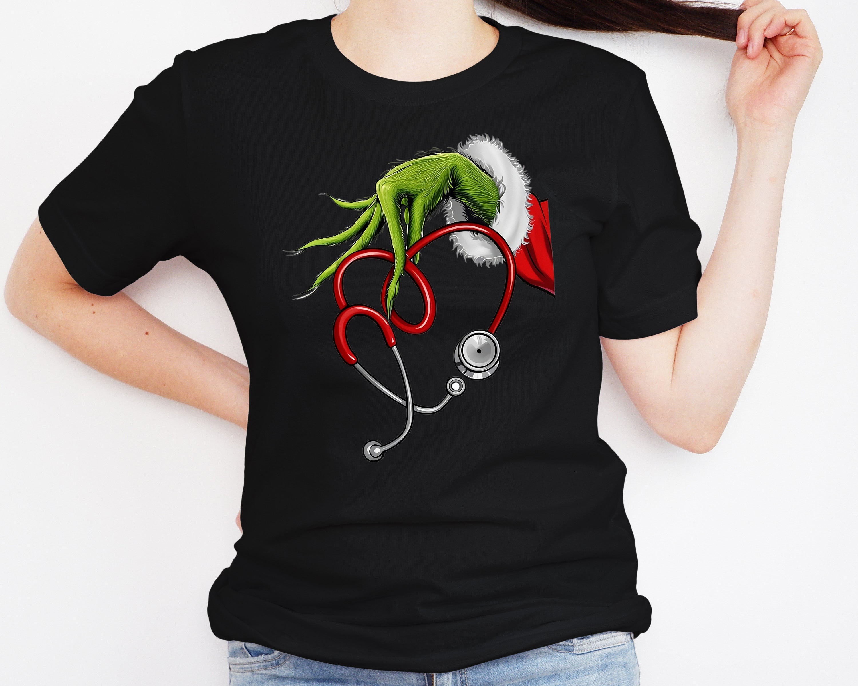 Christmas Grinch Hand with Stethoscope DTF Transfer – 11" Holiday Nurse Print