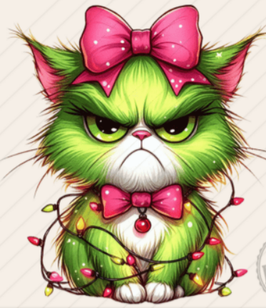 Grumpy Christmas Cat DTF Transfer – 11" Holiday Print with Lights & Bows
