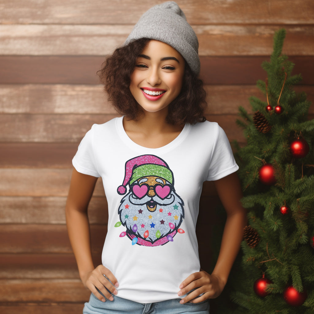 Whimsical Faux Glitter Christmas Gnome DTF Transfer | Santa Beard with Lights & Heart Glasses