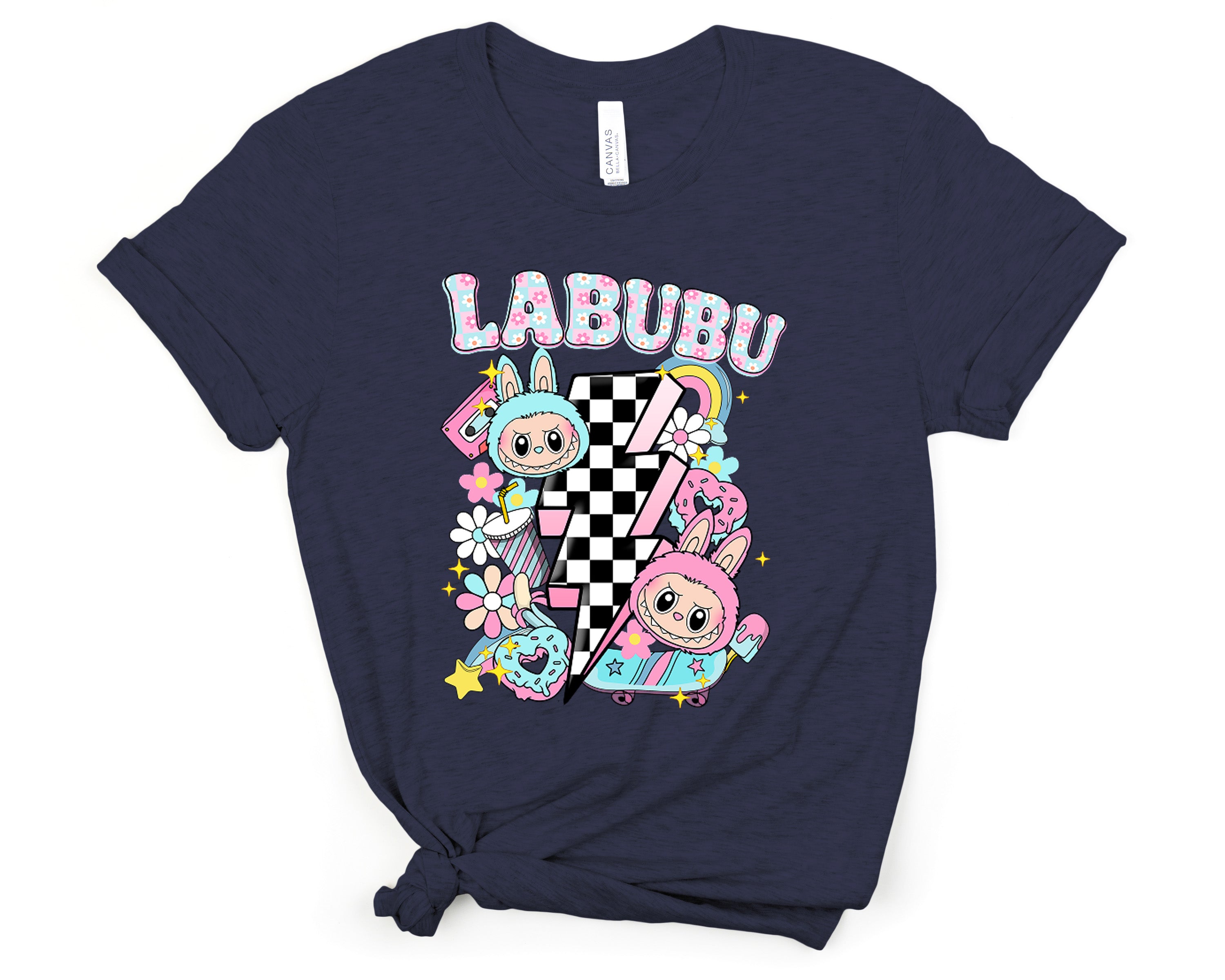 Labubu DTF Transfer 8" Wide | Cute Pastel Characters & Checkered Lightning Bolt