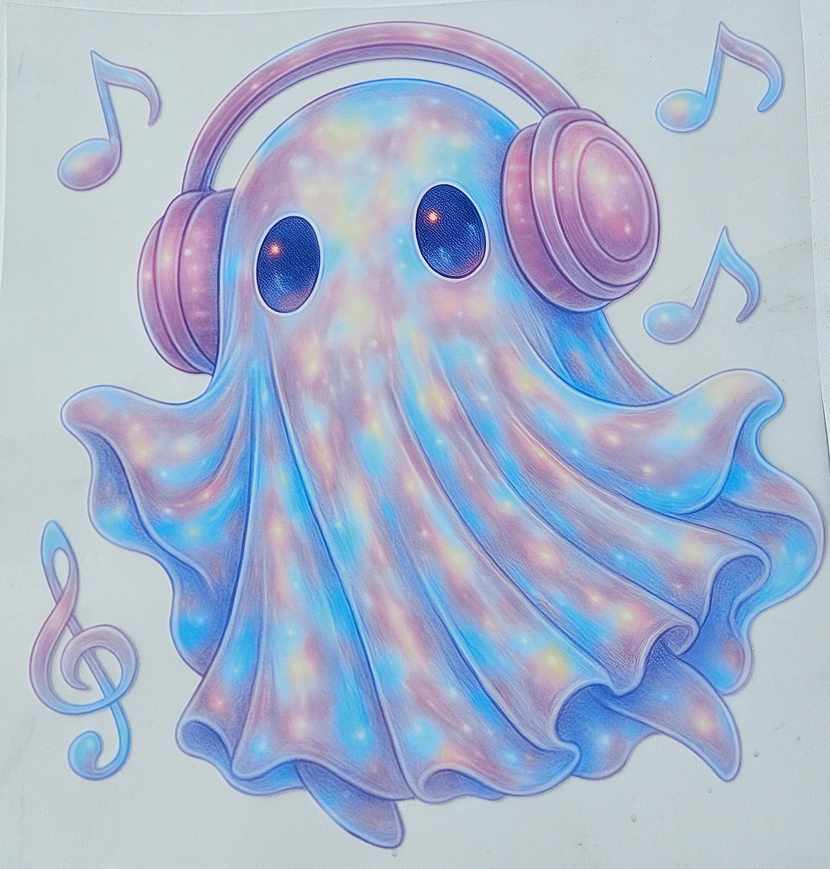 Groovy Ghost with Headphones DTF Transfer | Pastel Glitter Music Ghost | 11” Full Color Heat Transfer