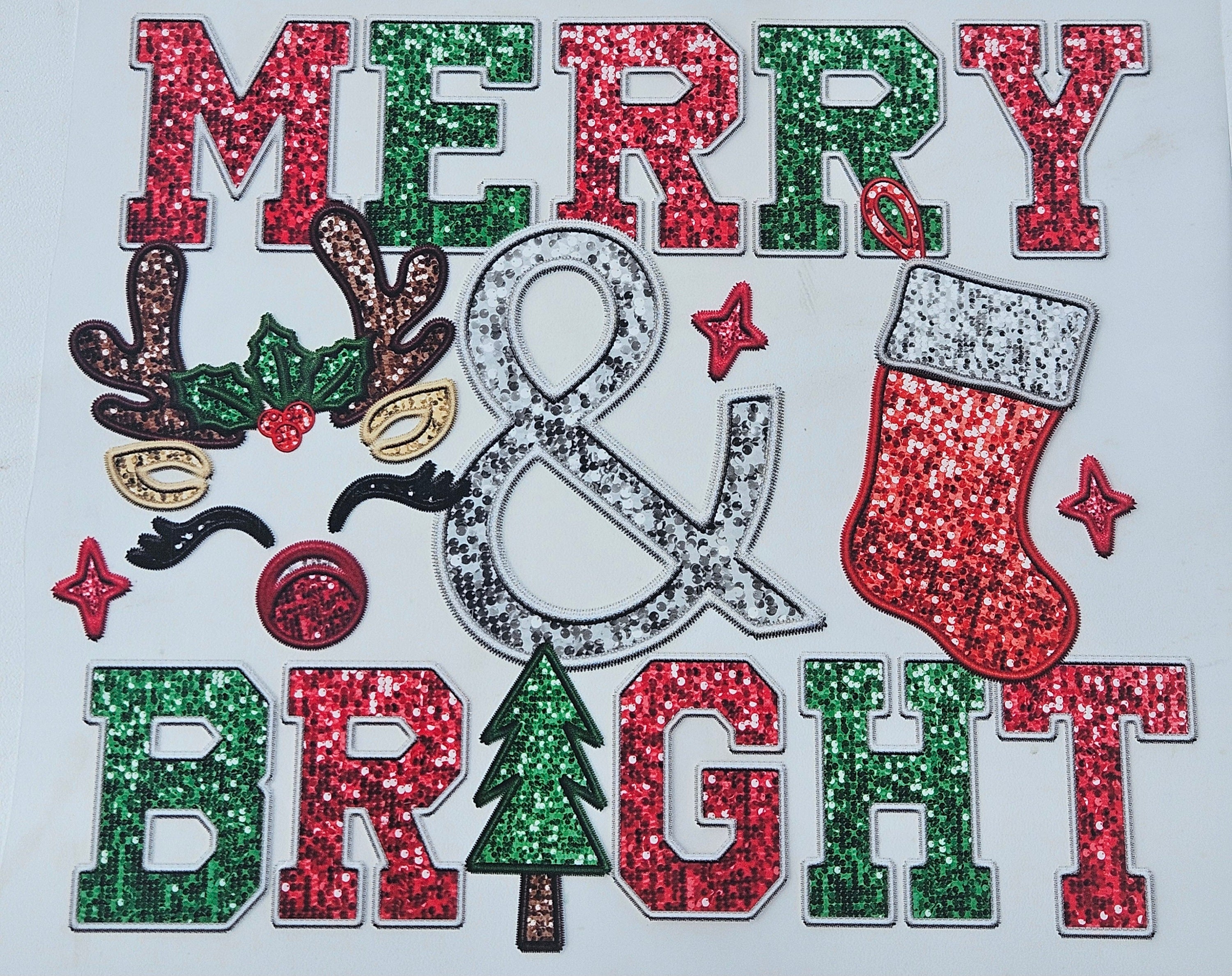 Faux Glitter Merry & Bright Christmas DTF Transfer | Red, Green & Silver Holiday Design