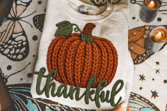 Chunky Knit Pumpkin “Thankful” DTF Transfer – 11 in | Fall Thanksgiving Shirt Design
