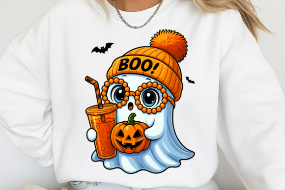 Cute Ghost with Pumpkin & BOO Beanie | Halloween DTF Transfer