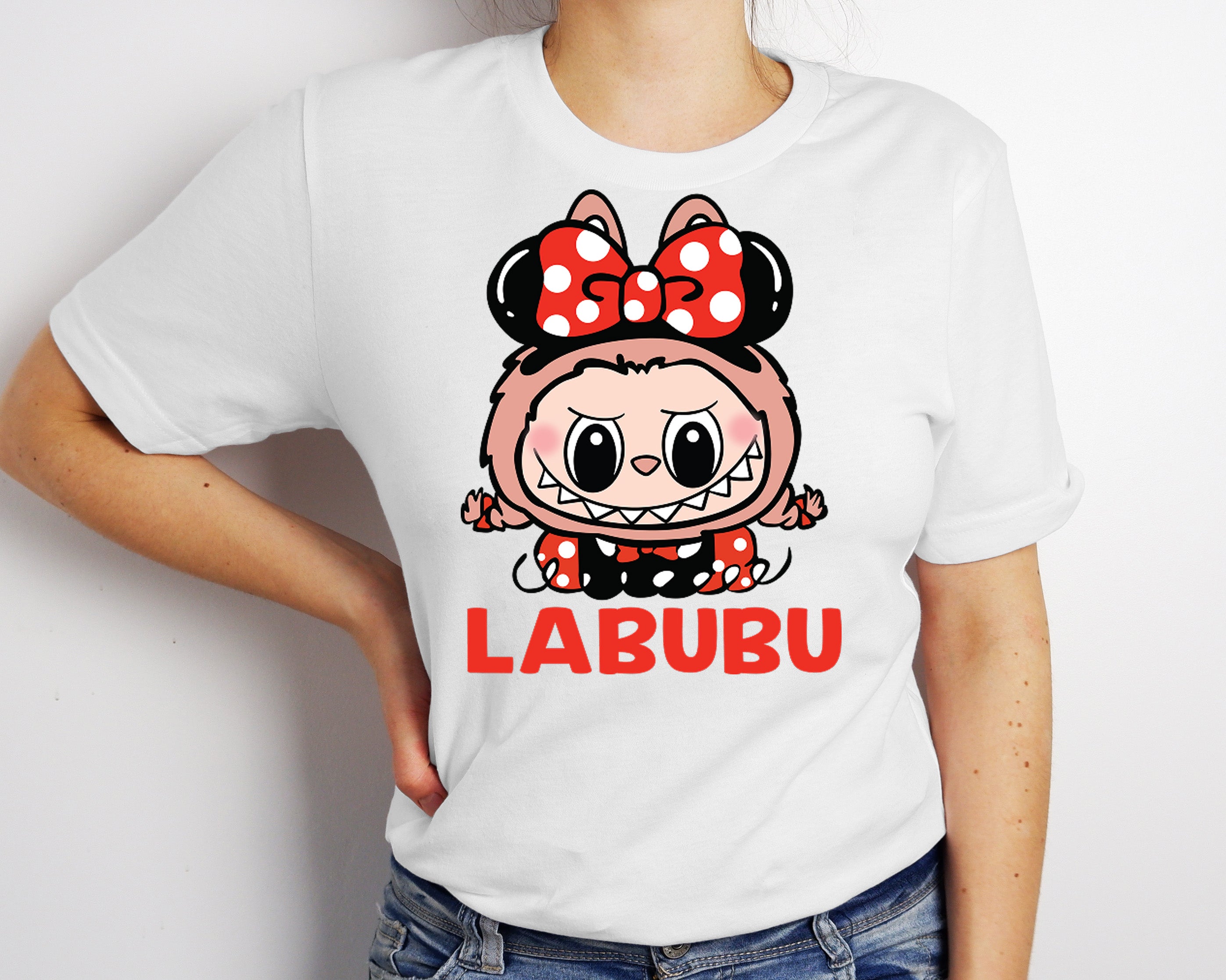Labubu DTF Transfer 11" Wide | Red Bow & Polka Dot Outfit Cute Character Design