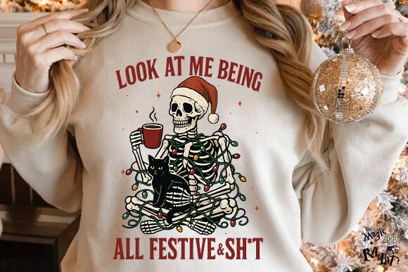 Funny Festive Skeleton Christmas DTF Transfer – 11 in | Santa Skeleton & Cat Holiday Shirt