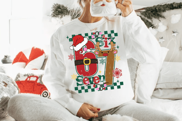 Christmas “Six Seven” Santa & Reindeer Kids DTF Transfer – Holiday Number Shirt Design- 8.0 in