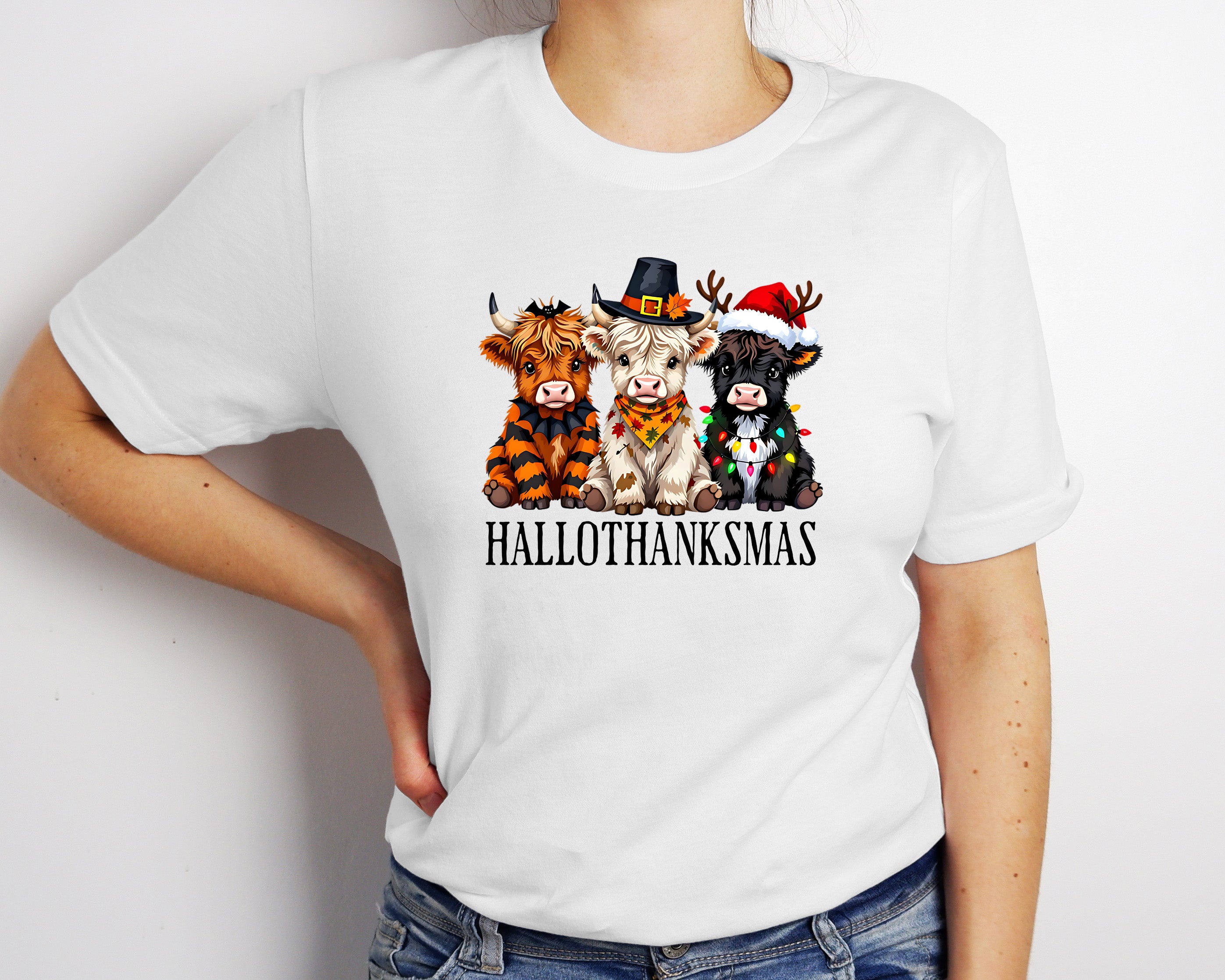 Hallothanksmas Highland Cow DTF Transfer – 11" Holiday Print