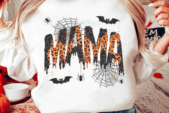 Halloween Mama DTF Transfer | Leopard Print Drip Letters with Spiders, Bats & Webs