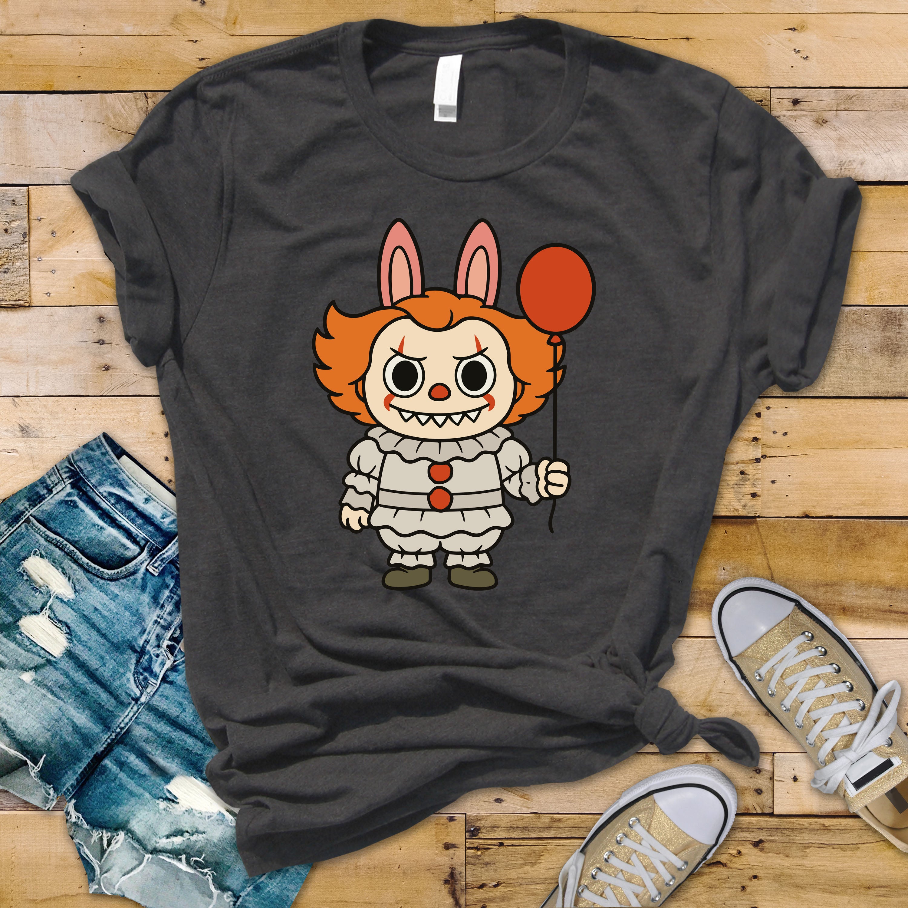 Labubu Pennywise DTF Transfer 11" Wide | Creepy Cute Clown with Red Balloon