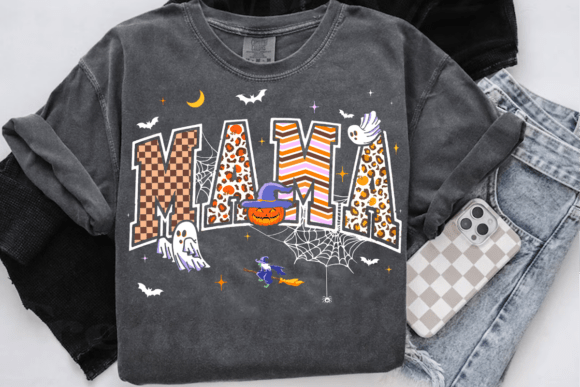 Halloween Varsity Mama DTF Transfer | Ghosts, Spiderwebs & Leopard Print Letters