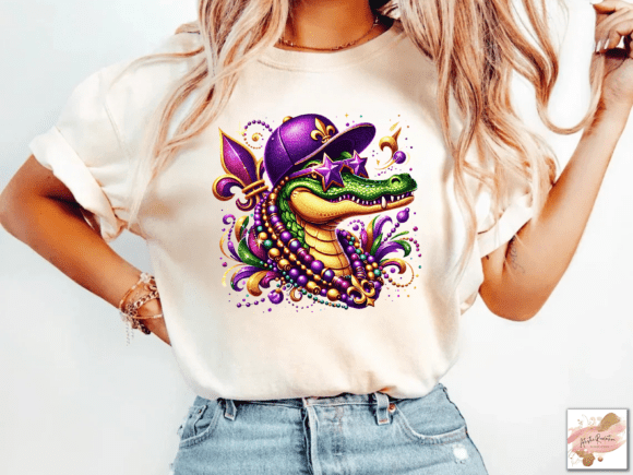 Mardi Gras Gator DTF Transfer | Louisiana Alligator Beads Design | Heat Press Ready