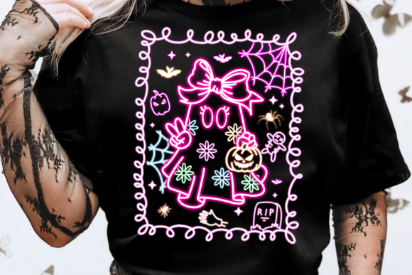 Neon Ghost Halloween DTF Transfer 9" Wide | Cute Spooky Boo Design with Bow