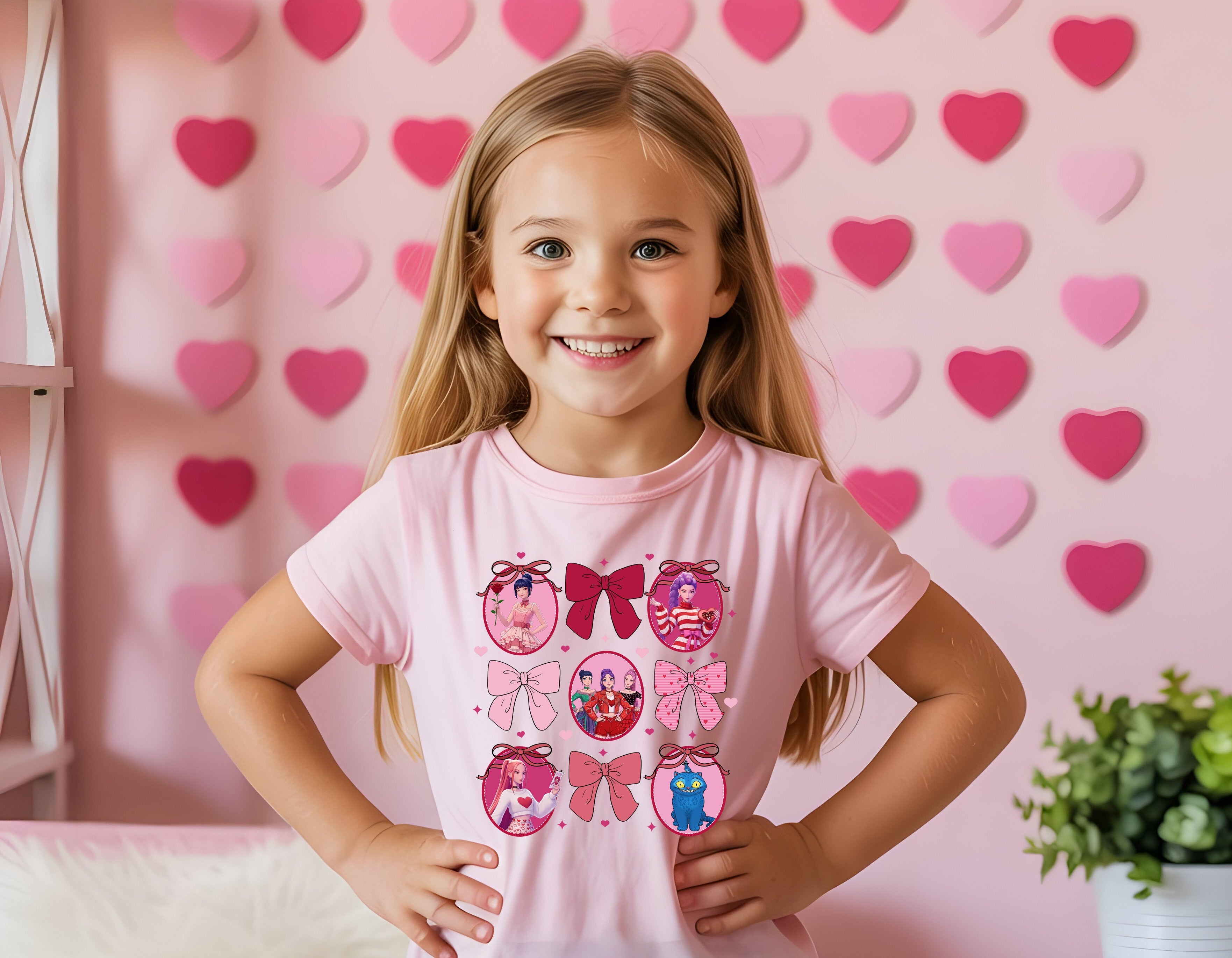 Huntrix Valentine Bow Grid DTF Heat Transfer | Pink Character Valentine Design