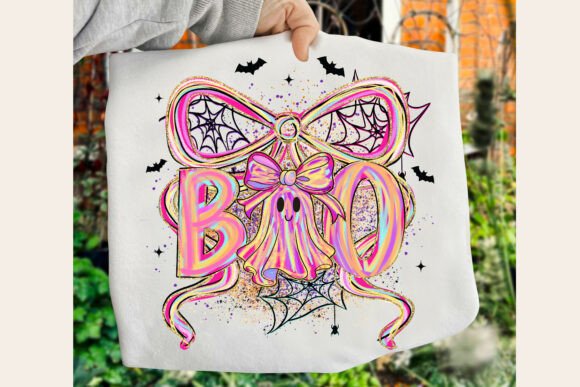 Pink BOO DTF Transfer 9" Wide | Ghost Bow & Spiderweb Halloween Design
