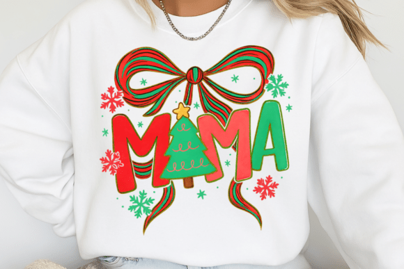 Christmas MAMA Ready to Press Heat Transfer – Festive Tree & Bow Holiday Design