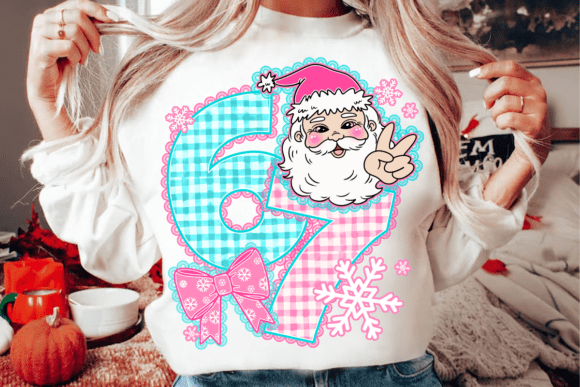 67 Santa DTF Transfer – 7.5" Pink & Blue Gingham Christmas Design for Kids