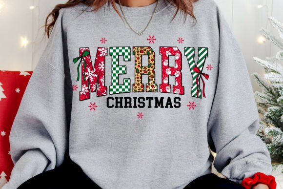 Merry Christmas DTF Transfer 11" Wide | Patchwork Pattern Holiday Design