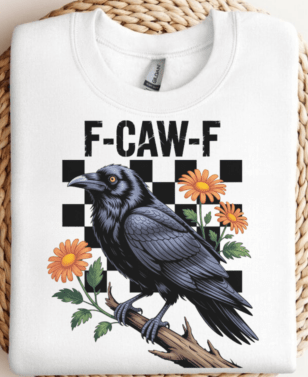 F-CAW-F Raven DTF Transfer | Gothic Crow Heat Transfer with Floral & Checkerboard Design