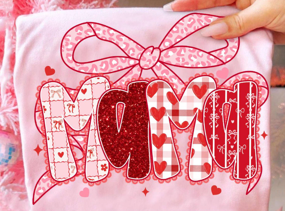 Mama Valentine Bow DTF Transfer | Pink Patchwork Heart Design | Heat Press Ready