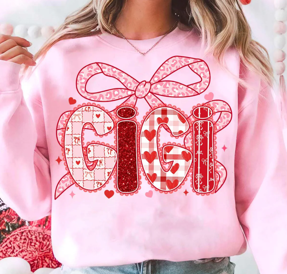 Gigi Valentine Bow DTF Transfer | Pink Patchwork Heart Design | Heat Press Ready