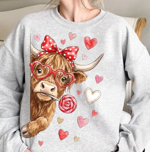 Valentine Highland Cow DTF Transfer | Cute Cow with Bow & Lollipop Design | Heat Press Ready
