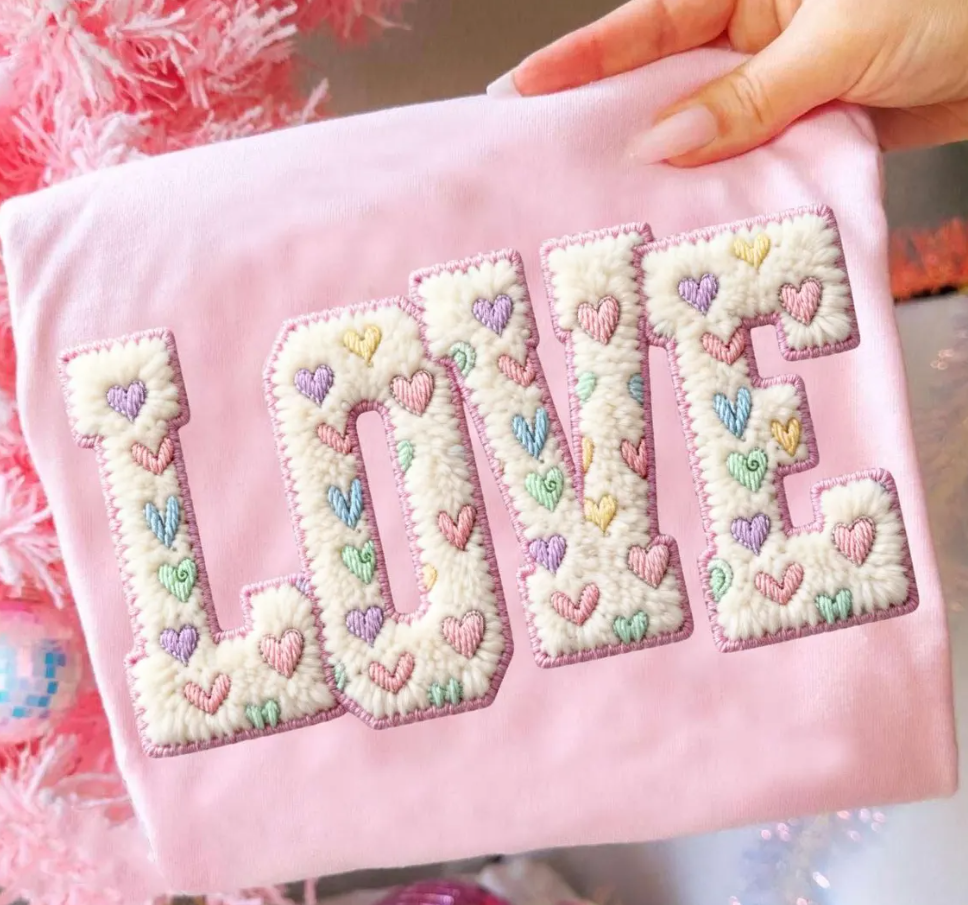 Love Chenille Heart DTF Transfer | Pastel Valentine Cozy Design | Heat Press Ready