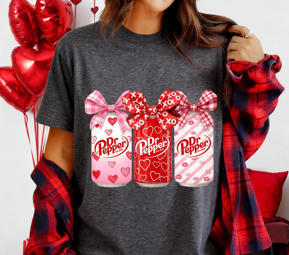 Valentine Dr. Pepper Can Bow DTF Transfer | Pink XO Heart Drink Design | Heat Press Ready