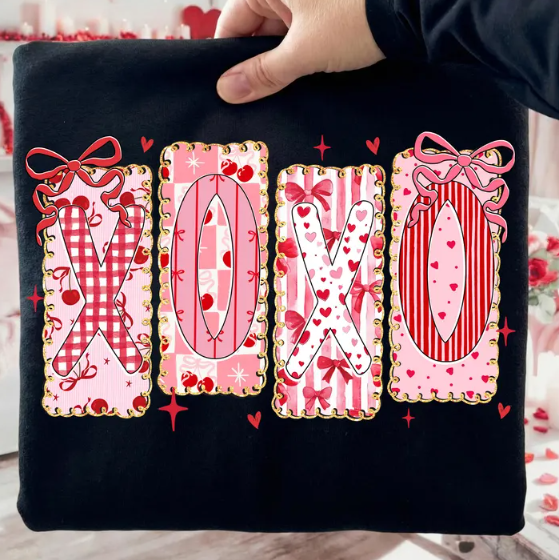 XOXO Valentine Patchwork DTF Transfer | Pink Bow Heart Design | Heat Press Ready