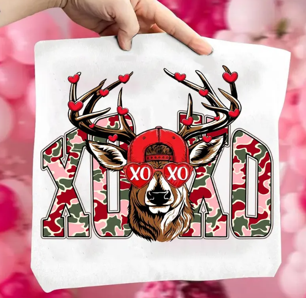 XOXO Deer Valentine DTF Transfer | Camo Buck Heart Glasses Design | Heat Press Ready