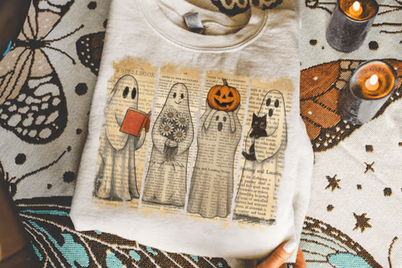 Vintage Ghosts with Books & Cat – 11" Halloween DTF Transfer
