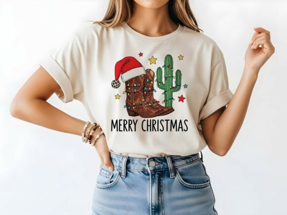 Merry Christmas Western Cowboy Boot & Cactus DTF Transfer