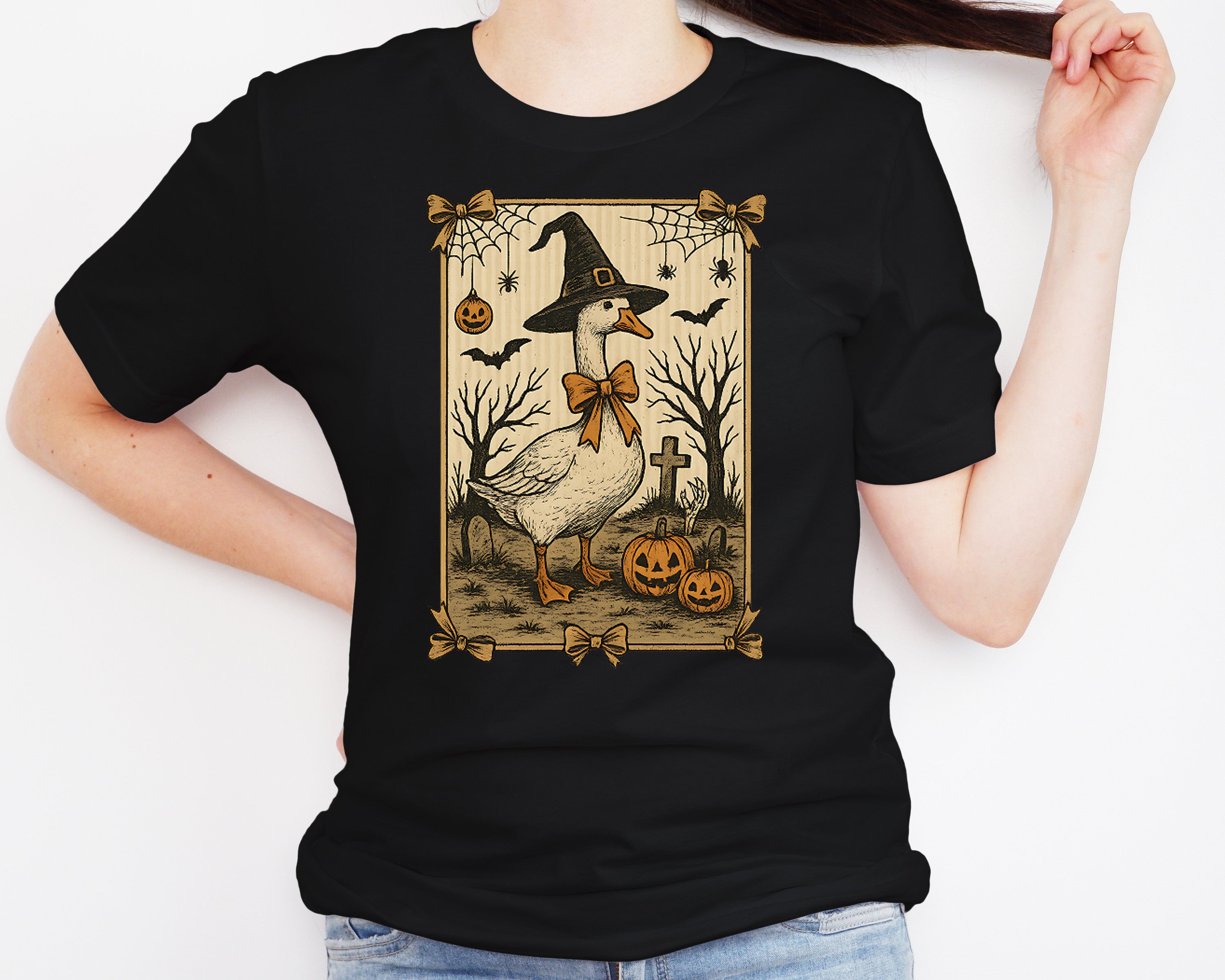 Witch Goose Halloween DTF Transfer | Vintage Goose with Pumpkins & Bats