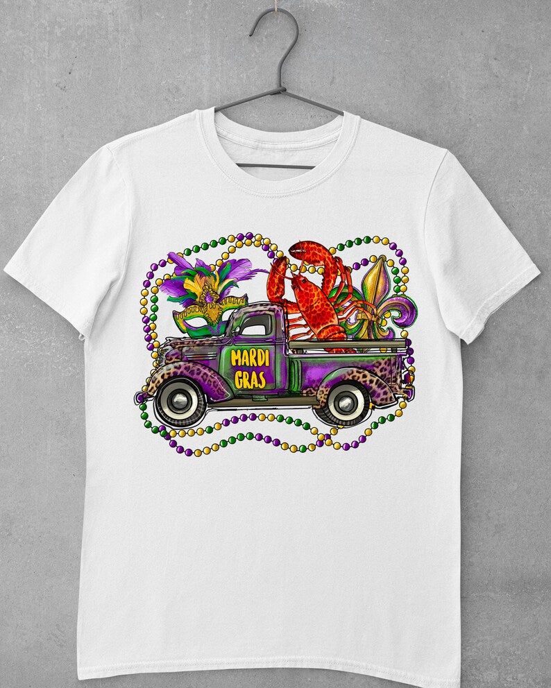 Mardi Gras Truck DTF Transfer – 11" Vibrant Beads, Crawfish & Florals