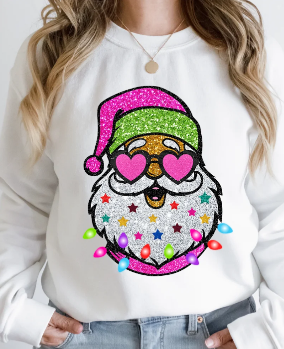 Faux Glitter Santa DTF Transfer – 11" Christmas Print with Lights & Stars
